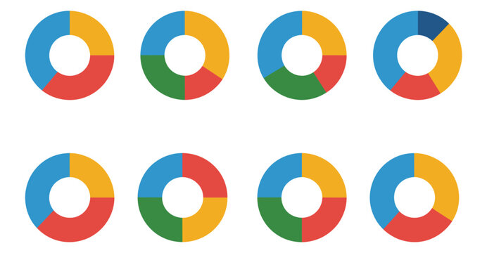 Pie charts diagrams featuring different colored circles, isolated infographic elements, data visualization, statistical representation, round chart shapes