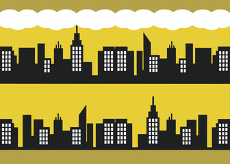 Fototapeta premium Seamless pattern of a black city skyline silhouette against a bright yellow background with clouds.