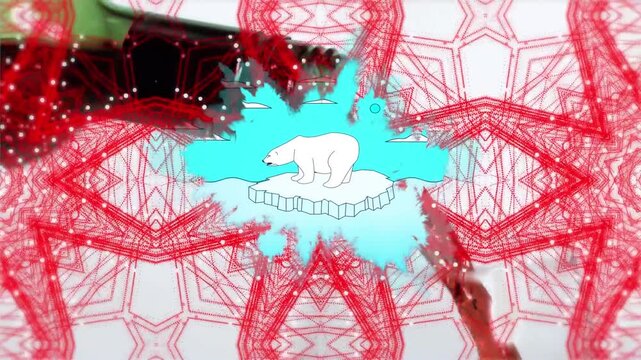 Animation of polar bear on glacier and red kaleidoscopic shapes over red wine pouring from bottle