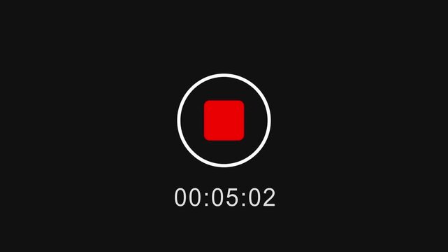 Red start recording button and seconds timer, play and pause buttons, black background, 4K video.