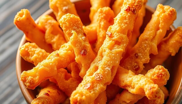 Crispy fried dough sticks in a bowl, golden brown and airy,  airy,  cut up