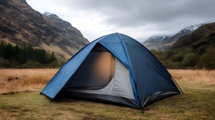 A blue camping tent is pitched in a vast grassy field with rugged mountains under a cloudy sky in the background