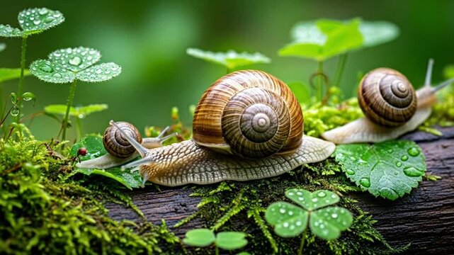 A serene scene of snails on a mossy log surrounded by greenery.