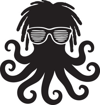 Black octopus with dreadlocks and sunglasses on white background