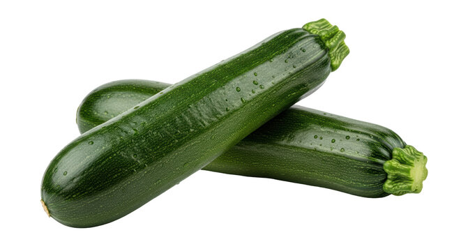 Two fresh green zucchini isolated PNG on transparent background, healthy summer squash vegetables for cooking and vegetarian recipes