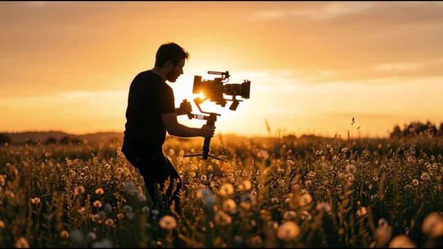 A cinematic silhouette of a professional videographer operating a camera stabilizer in a field of wildflowers at sunset