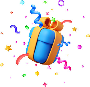 3D gift box with ribbon and flying confetti