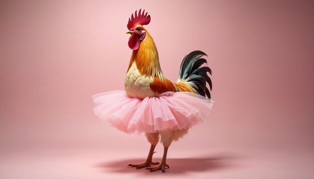 Rooster wears pink ballet tutu against pink backdrop. This fowl poses stylishly, avian dancer ready for stage performance, unique farm animal fashion moment.