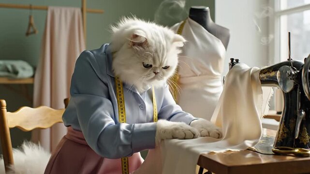 An elegant and slightly aloof Persian Cat, impeccably dressed in a chic, tailored silk blouse and high-waisted skirt, seated at a vintage sewing machine in a sunlit design studio.