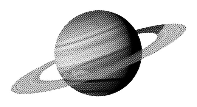 Ringed planet retro pop art halftone effect grunge dotted vintage cutout collage element.