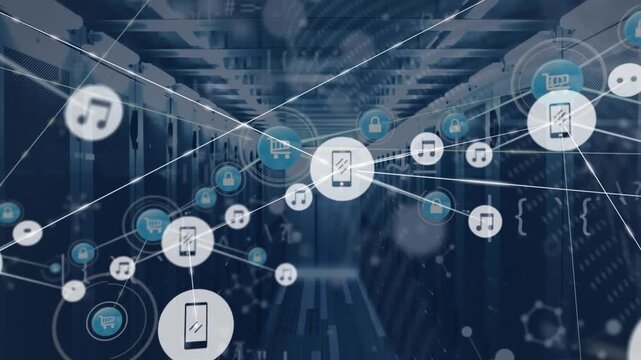Animation of connected icons, symbols, nucleotides and bars against server room in background