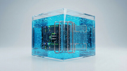 Liquid immersion cooling system for high performance server hardware contained within glass cube with blue coolant