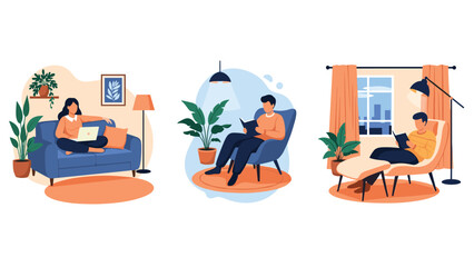 People enjoying quiet moments reading books or working on laptops in different cozy and well-lit home interiors.