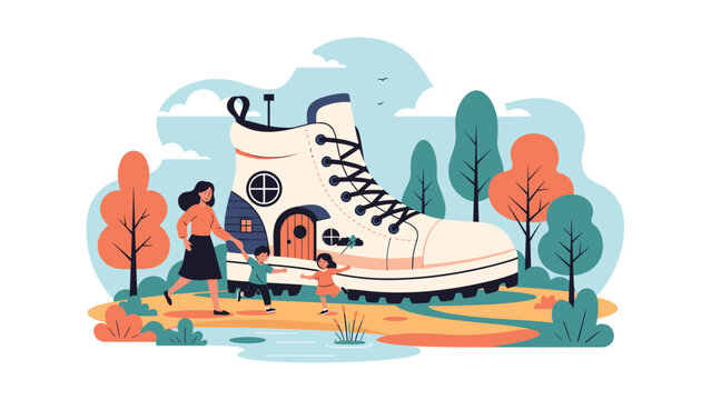 Mother and children walking past a giant house shaped like a white hiking boot in a magical forest setting.