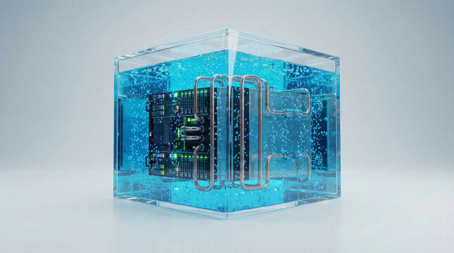 Liquid immersion cooling system for high performance server hardware contained within glass cube with blue coolant