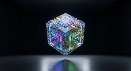 Quantum computer processor core as glowing glass cube with intricate neon circuitry in dark reflective environment