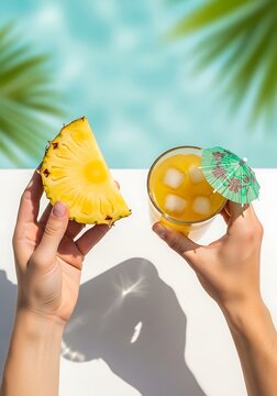 Refreshing pineapple beverage presented by hands against summer backdrop