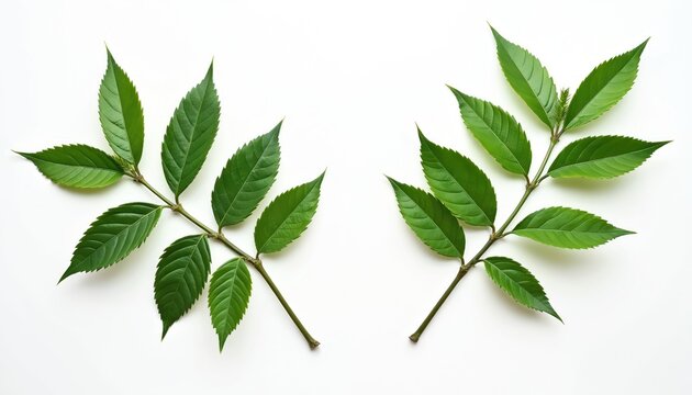 Two green camphor tree branches with serrated leaves are isolated on white. Useful for natural product design, medicine, and aromatherapy concepts.
