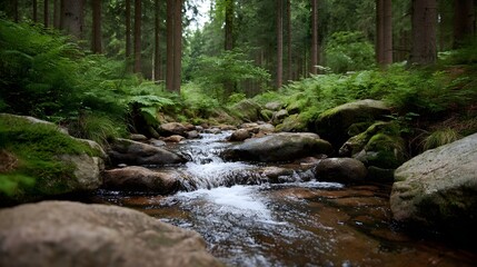 Obraz premium A clear forest stream cascades over moss covered rocks amidst lush greenery and tall trees