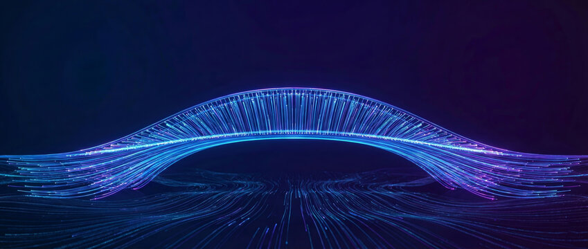 Abstract glowing blue and purple light streams forming a futuristic bridge structure over dark waves
