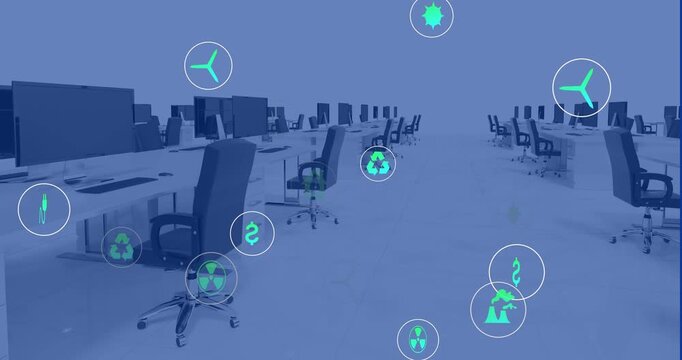 Animation of sustainable icon in circles over modern workplace in office