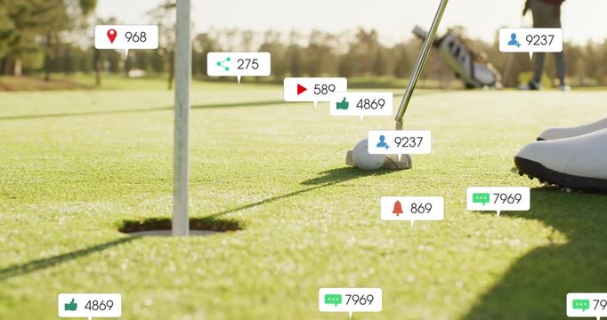 Animation of notification bars over low section of golf player taking shot to score hole