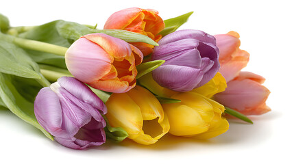 Create a high-resolution image of fresh, colorful tulips on pure white 