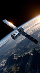 Obraz premium Sleek orbital data center satellite station orbiting over mountainous Earth terrain providing secure worldwide network access