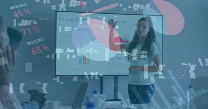 Animation of infographic interface over diverse woman giving presentation to colleagues in office