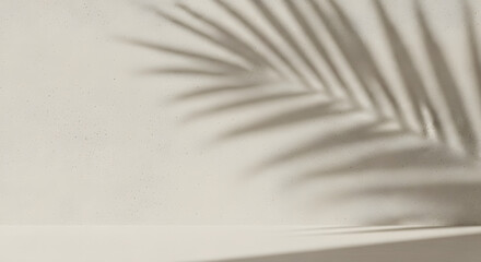 Obraz premium Minimalist background with palm leaf shadow on a beige wall and surface, creating a serene tropical ambiance.