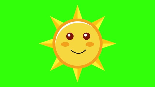 Flat design 2d animation of a cheerful yellow sun character with a smiling face on a green screen