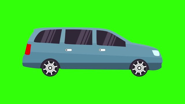 A flat design 2d animation of a blue minivan car moving. Seamless loop animation on a green screen, rotating wheels