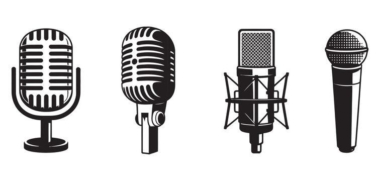 Retro microphones icon collection, vintage mic vector set, audio equipment symbols, classic recording devices, music studio gear, sound production graphics, sound icons