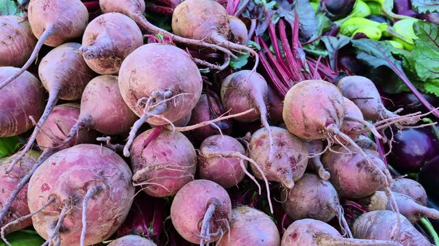 A high-angle, close-up shot of fresh, organic beetroots with vibrant red stems at a market. The earthy texture of the beets is contrasted by bright green leaves and deep purple eggplants.