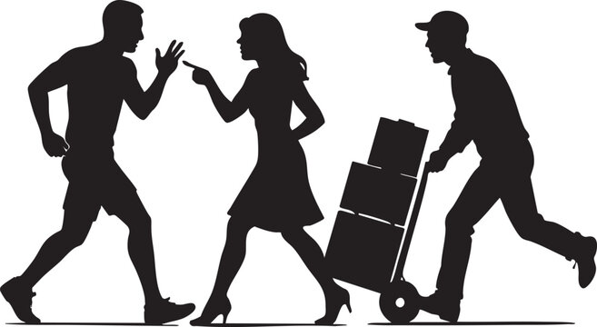 Silhouette of people arguing while man pushing dolly with boxes  conflict during delivery