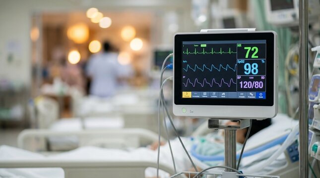 Heart rate monitor displaying vital signs in a busy hospital ward  