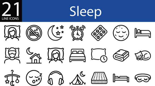 Sleep line icon set in minimalist style, bedding, dreams, bedtime, rest, and relaxation