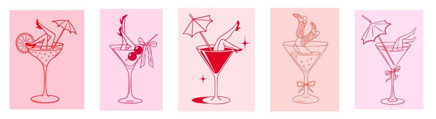 Fototapeta premium Sexy Female Legs in Martini Cocktail Glasses Set, Retro Cabaret Pinup Burlesque Party, Vintage Night Club Glamour Show