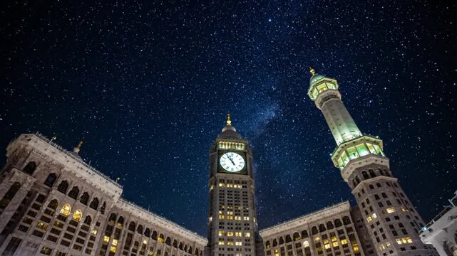 Mecca Clock Tower and Masjid al-Haram Minaret Under a Starry Night Sky
