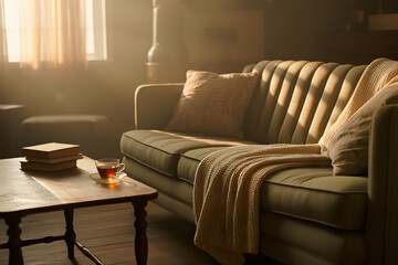 Modern living room interior featuring a luxury sofa and comfortable pillows in an elegant apartment house design and indoor decor for a relaxed home atmosphere