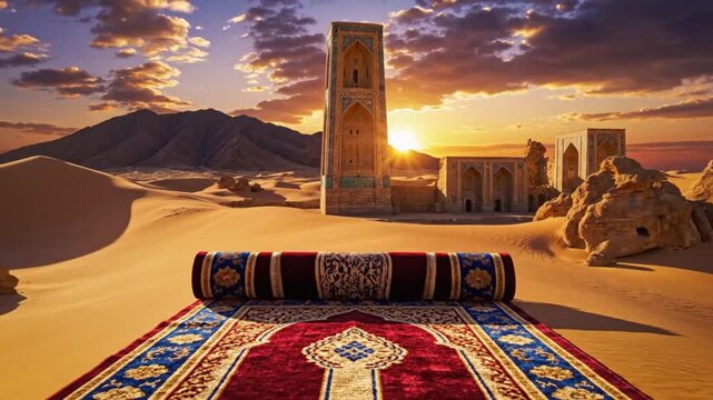 Islamic prayer rug placed in the desert with ancient ruins and a mosque tower under a dramatic sunset sky