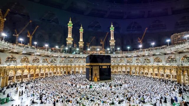 Kaaba at Masjid al-Haram in Mecca Filled with Pilgrims Performing Tawaf During Hajj Night