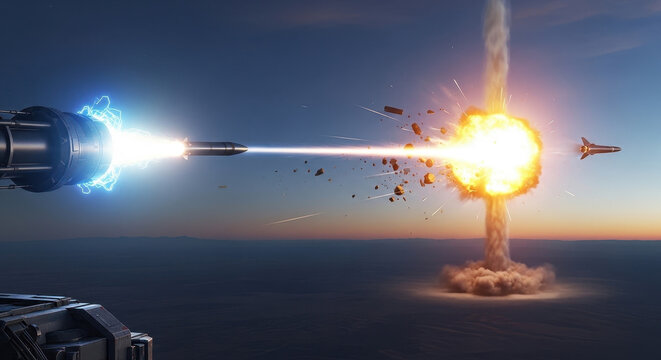 Futuristic missile launch with energy beam intercepting target mid-air