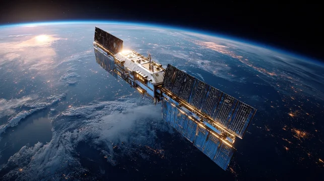 Large orbital data center station processing global network signals over Earth night city lights and blue atmosphere