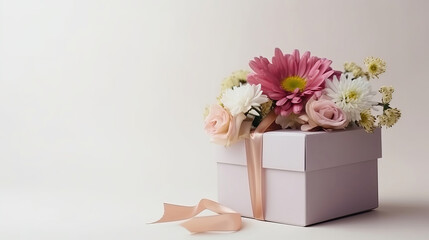 Greeting card with flower and gift box. Illustration AI Generative