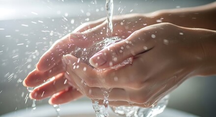 Fototapeta premium Hands cleansing under streaming fresh water with sparkling light drops
