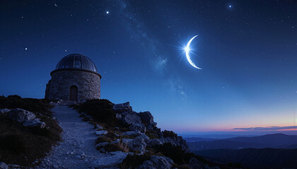 Obraz premium Observatory on Mountain Under Starry Night Sky with Crescent Moon