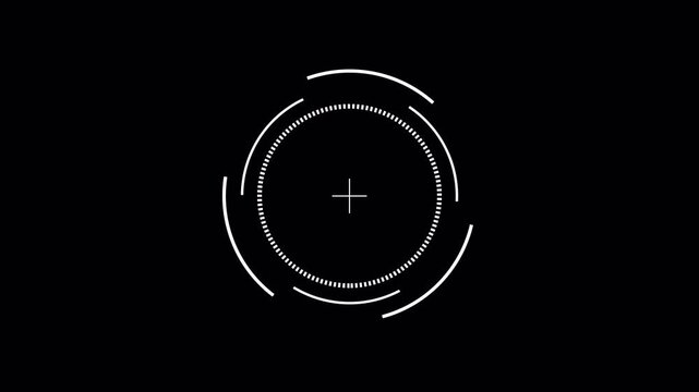 Modern HUD Circle with Dotted Inner Ring and Multiple White Rotating Arc Lines Smooth Radar Scanner Target Animation on Black Background 4K Alpha Channel Overlay On Transparent Background
