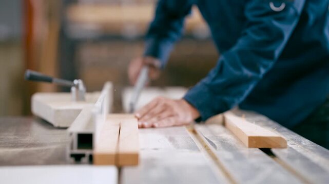 Close up view of a skilled woodworker operating a circular saw. A man carefully guides a wooden plank through the blade in a busy workshop