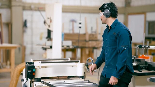 Young carpenter wearing safety glasses and earmuffs using a thickness planer to smooth a wooden board in a professional workshop